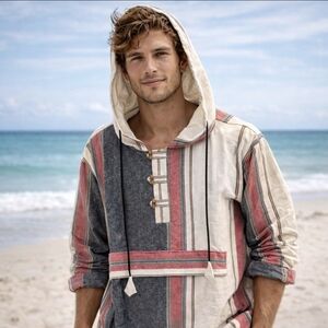 Fair Trade Nepal Hoodie Baja Cotton Hooded Pullover Men's Sz XL Striped Hippie